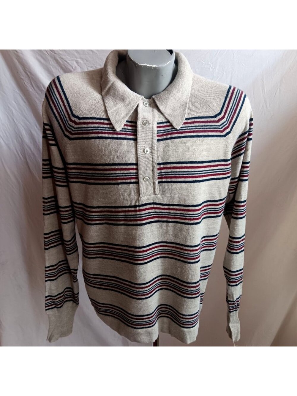 Men's Large Pullover Sweater Vintage Lord Jeff Beige Red Blue Stripes 1970's